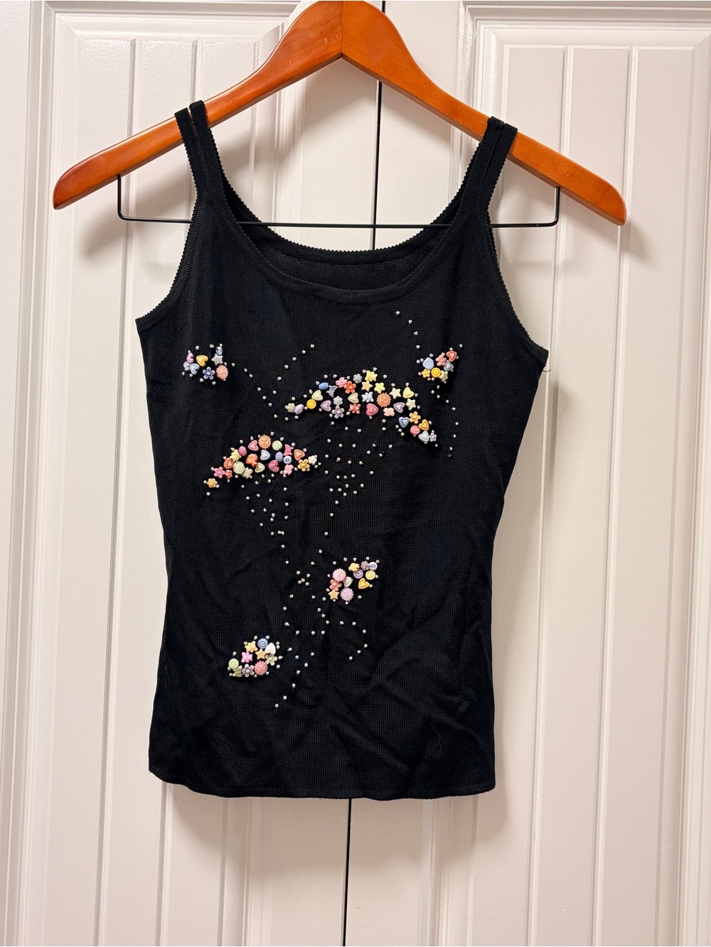Floral Embellished Black Tank Top - S